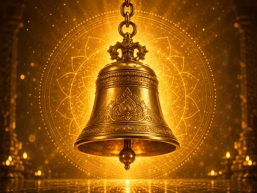 Temple bell in a glowing devotional setting